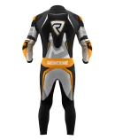 leather suit back pose in black orange and white color
