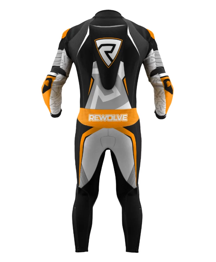 Leather suit back pose in black orange and white color