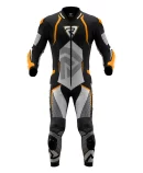 leather suit front pose in black orange and white color