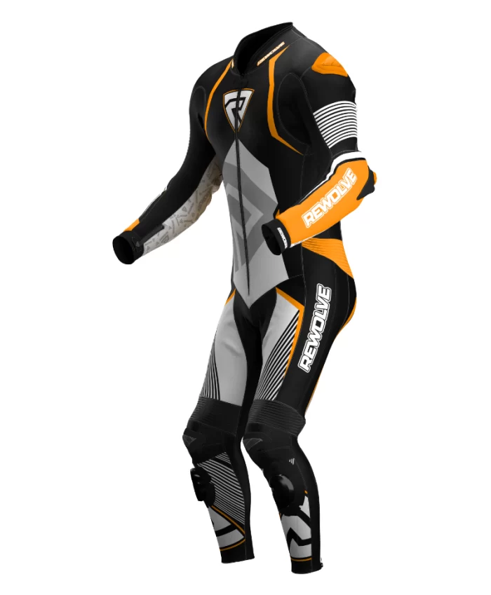 Leather suit side pose in black orange and white color