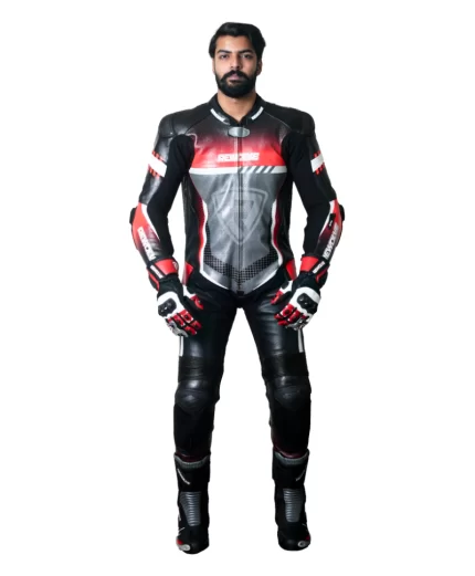 a man wearing motorbike leather racing suit front view