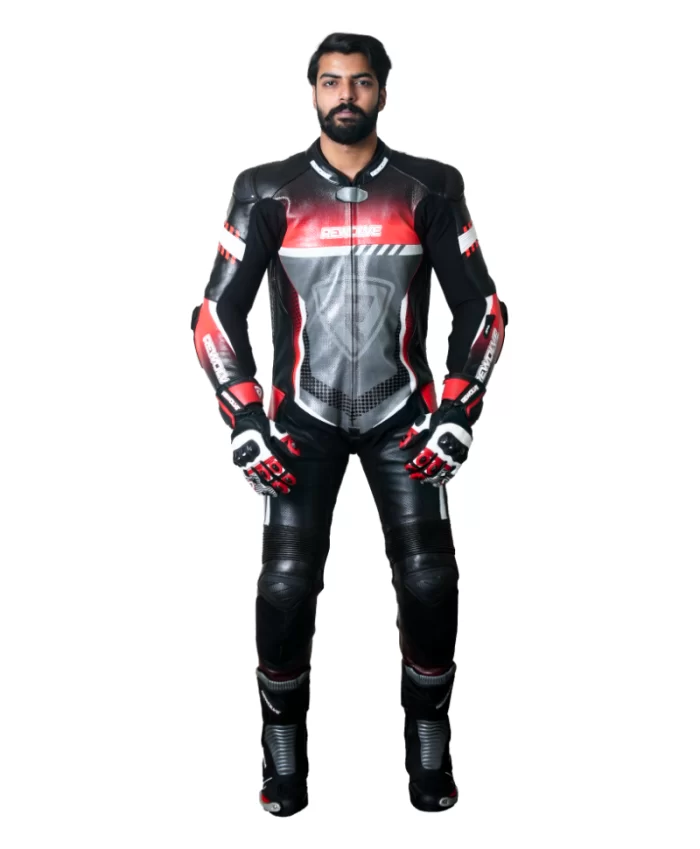 A man wearing motorbike leather racing suit front view