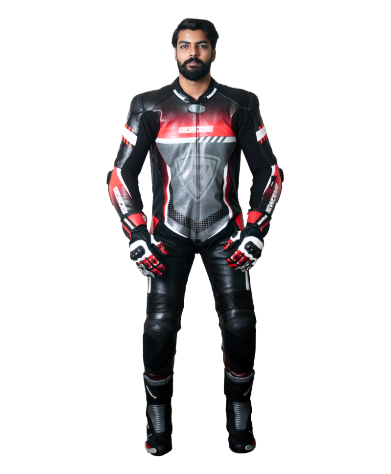 A man wearing motorbike leather racing suit front view