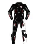front pose of leather suit in black red and white colour