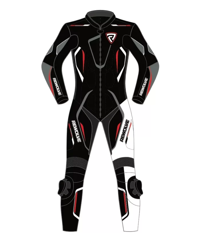 Front pose of leather suit in black red and white colour