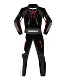 back pose of leather suit in black red and white colour