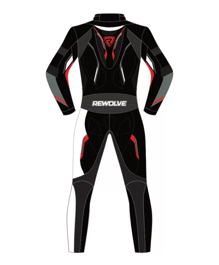 Back pose of leather suit in black red and white colour
